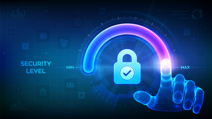 Increasing Security level. Cyber security concept. Network security. Wireframe hand is pulling up to the maximum position circle progress bar with the lock icon. Enhance data protection level. Vector.