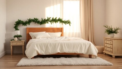 Fototapeta premium Cozy bedroom with festive pine garland and soft bedding