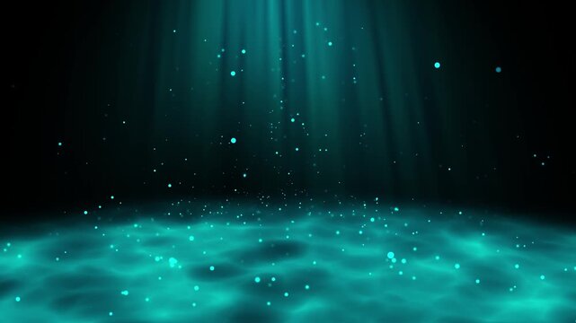 Light Rays from Top and Calm Blue Particles Bouncing off the Seabed. Overlay Special Vfx Ambient Effect Animation for Atmospheric Videos or Underwater Scenes or Stage Spot Light Effect.
