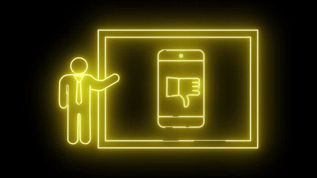 Glowing neon artwork of a person presenting a screen showing a thumbs down smartphone icon