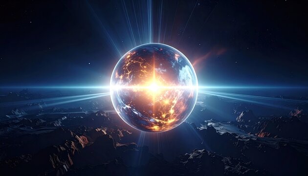 Abstract Digital Sphere With Glowing Orbs And Light Rays In Dark Cosmos With Stars And Ripples