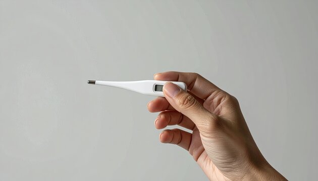 Close up of a human hand holding a white digital thermometer against a neutral grey background in soft natural light symbolizing health and medical care