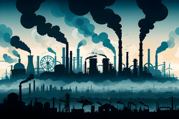 Industrial pollution smoke factory skyline smog climate carbon cycle molecular Industrial skyline with heavy smoke and dense smog, carbon impact