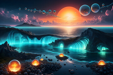 Surreal seascape sunset with glowing waterfalls, neon tide pools, floating spheres, alien cliffs, carbon glow, cycle of light, molecular dream