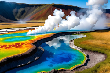 Vivid geothermal lagoon shows carbon cycle in action with molecular beauty, hot spring steam and colorful mineral pool under mountain valley sky