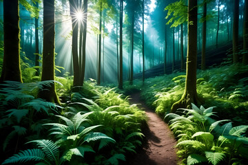 Forest trail sunbeam fern misty green tranquil morning carbon cycle molecular serene forest trail with sunbeam over fern and misty green layers