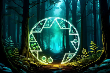 Glowing portal forest neon circle symbol mystical path fantasy woodland bioluminescent fern fog night green light carbon cycle molecular wonder