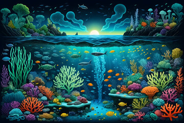 Coral reef ocean sunset marine life biodiversity carbon cycle molecular wonder serene underwater scene with fish and vibrant coral gardens