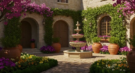 Tranquil Tuscan Courtyard with Blooming Flowers and Fountain