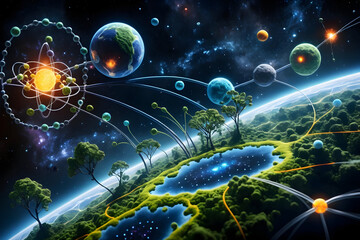 Carbon cycle molecular orbit lines planet forest lake sky night galaxy star glow energy science harmony