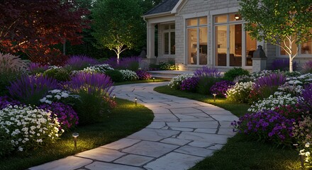 Obraz premium Luxury Home Garden Pathway with Illuminated Flowers and Stone Walkway at Dusk