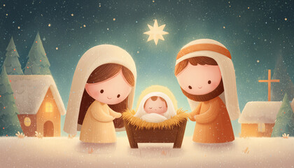 Cartoon illustration of nativity scene with Mary, Joseph and baby Jesus under bright star on snowy night in Bethlehem. Concept of Christmas, love and peace
