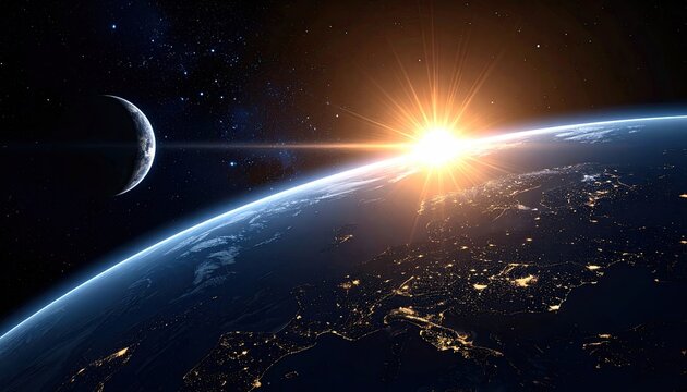 Pixelated Earth With Bright Sunrise And Moon In Deep Space With Stars And City Lights Visible From Orbit Showing Continents And Oceans In Dark Blue And Orange Tones - Powered by Adobe