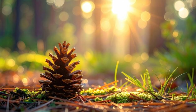 Pinecone macro detail on forest floor with warm golden sun rays filtering through trees creating bokeh effect natural lighting