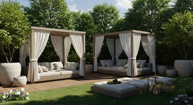 Luxury Outdoor Lounge Area with Cabanas and Cushioned Seating
