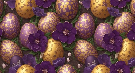 A seamless pattern of elegant purple and gold decorated Easter eggs nestled among deep purple flowers.