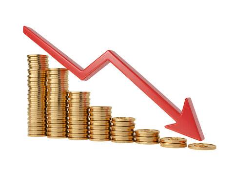 Stack of coins with a falling arrow isolated on transparent background