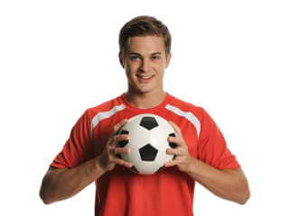 Soccer player holding a ball isolated on transparent background