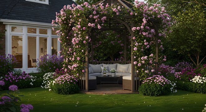 Beautiful Backyard Gazebo Covered in Pink Roses with Outdoor Seating