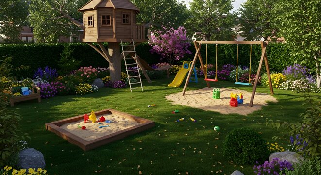 Idyllic Backyard Playground with Treehouse, Swings, Sandbox, and Flowers