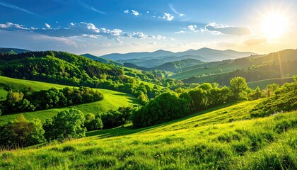 Obraz premium Vibrant green rolling hills under a bright sunny sky with sun flares and scattered clouds in a rural landscape during daytime
