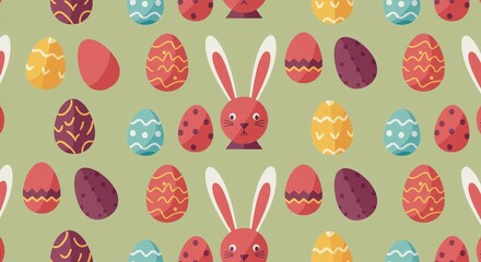 Seamless Easter pattern featuring cute pink bunnies and colorful decorated eggs on a green background.