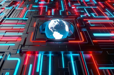 A futuristic digital globe pulses with blue light, surrounded by a grid of glowing red data streams and sleek tech structuressymbolizing global connectivity in the cybernetic age.