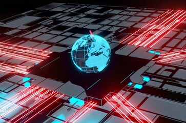 A futuristic digital globe pulses with blue light, surrounded by a grid of glowing red data streams and sleek tech structuressymbolizing global connectivity in the cybernetic age.