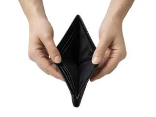 Empty wallet held by two hands isolated on transparent background