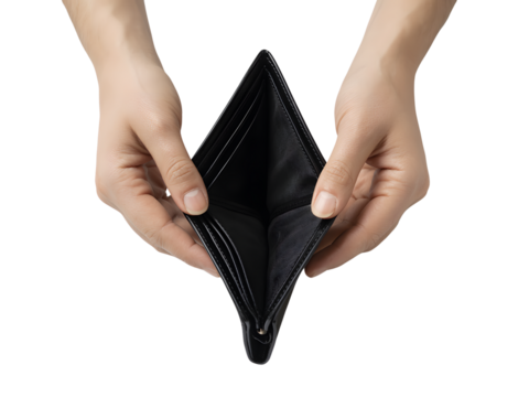 Empty wallet held by two hands isolated on transparent background