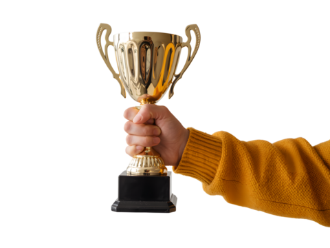 Hand holding a golden trophy isolated on transparent background