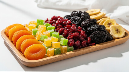 Assorted dried fruits and candy cubes on wooden serving tray