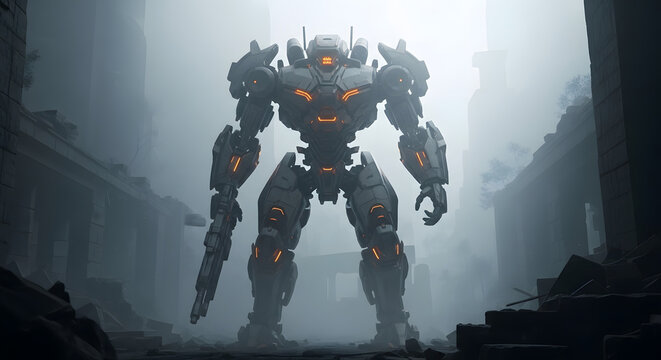 Powerful Robotic Mech Warrior Standing Tall in a Futuristic Setting.