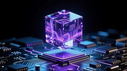 A glowing purple cube with circuitry patterns floats above a futuristic microchip, symbolizing advanced AI or quantum computing technology on a high-tech motherboard.