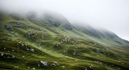 Misty Mountainside Grassy Slopes and Rocks Landscape