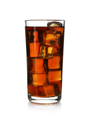 Tasty coffee with ice cubes in glass isolated on white