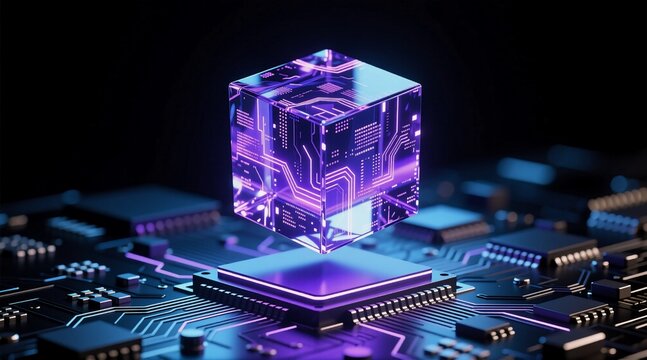 A glowing purple cube with circuitry patterns floats above a futuristic microchip, symbolizing advanced AI or quantum computing technology on a high-tech motherboard.