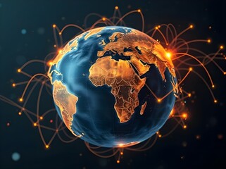 A 3D illustration of a spinning Earth in darkness, with the landmasses brightly highlighted in glowing orange/gold, indicating interconnected cities. Orange light trails.