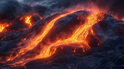 Molten lava flows with intense glow symbolizing chaos transformation and raw power representing nature’s unstoppable force and the beauty of destruction in constant motion and change