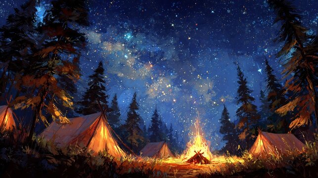 Magical night camping scene in a dense pine forest under a brilliant starry sky, featuring glowing tents and a warm, crackling campfire.