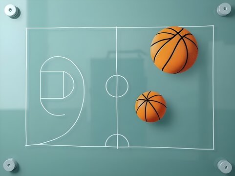 Top-down view photograph of two basketballs resting on a translucent, teal-tinted glass panel, overlaid with a white outline sketch of a basketball court. 