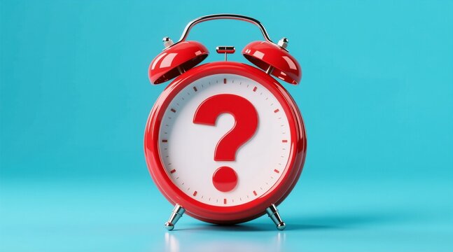 A red vintage alarm clock with a large question mark on its face, symbolizing uncertainty or unanswered questions, set against a clean turquoise background.