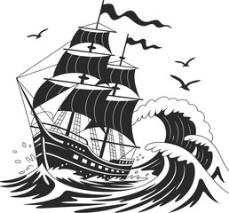 Vintage sailing ship battling ocean waves with seagulls flying above, black and white nautical adventure vector illustration, marine voyage design concept.