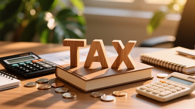 A wooden "TAX" sign sits atop a book, surrounded by calculators, coins, and notebooks on a desk  symbolizing financial planning, accounting, or tax preparation in an office setting with natural light 