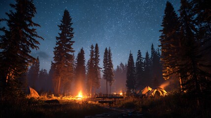 Night Camping in a Serene Pine Forest Under a Starry Sky with Warm Campfires and Illuminated Tents
