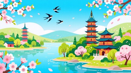 Fototapeta premium A serene Japanese landscape featuring cherry blossoms in full bloom, traditional pagodas and temples nestled among green hillsides by a calm lake. Swallows fly overhead under a clear blue sky, capturi