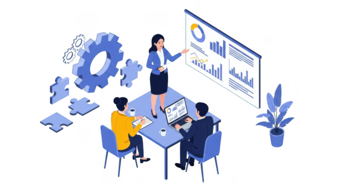 Business team analyzing data and charts in a professional meeting with gears and graphs illustration isolated on transparent background