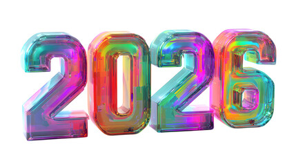Vibrant gradient 2026 typography with neon glow and futuristic chrome texture, minimal design isolated on white background