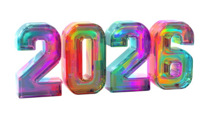 Vibrant gradient 2026 typography with neon glow and futuristic chrome texture, minimal design isolated on white background