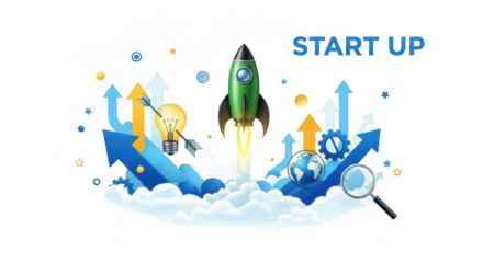 Colorful start up business illustration with rocket, magnifying glass, and growth icons on transparent background